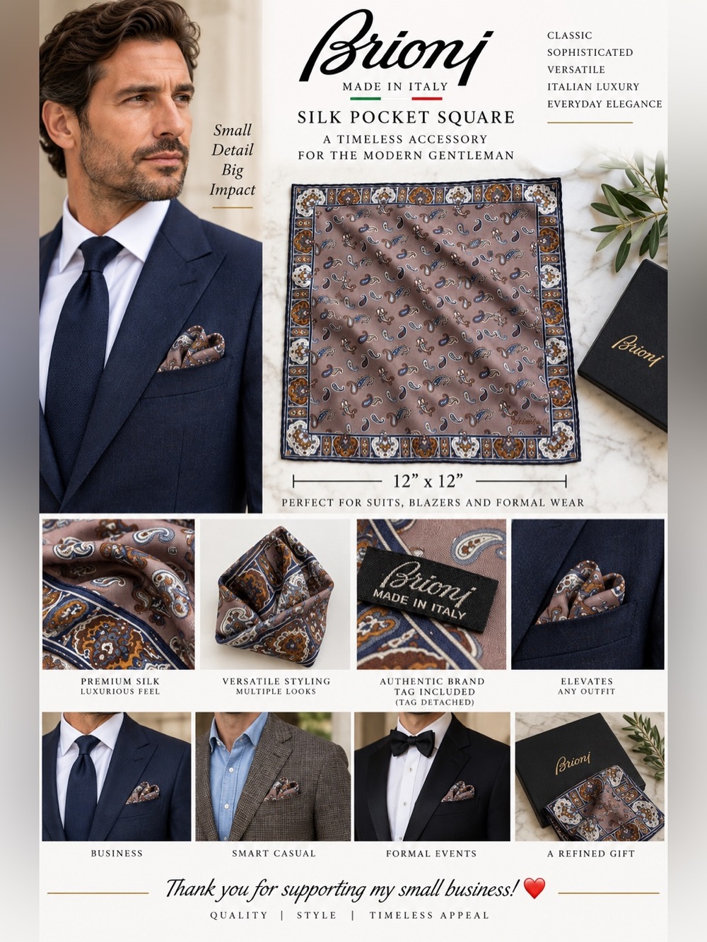 Brioni Pocket Square Handkerchief Paisley Silk 12x12 Brown Navy Made in Italy